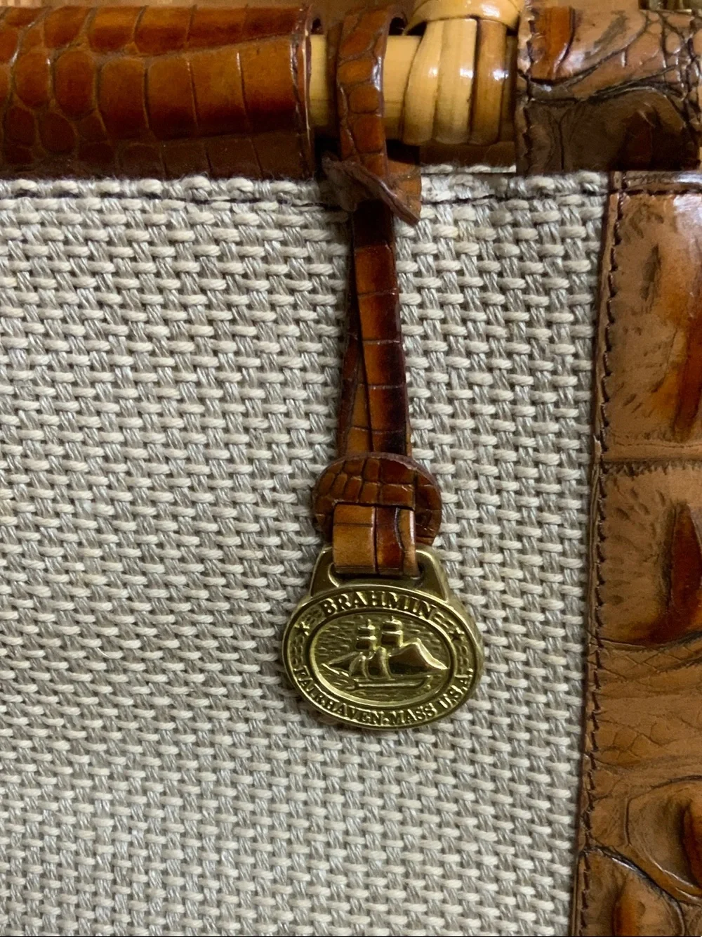 Brahmin Brown & Cream Leather-Trim Crossbody Bag with Bamboo Handles